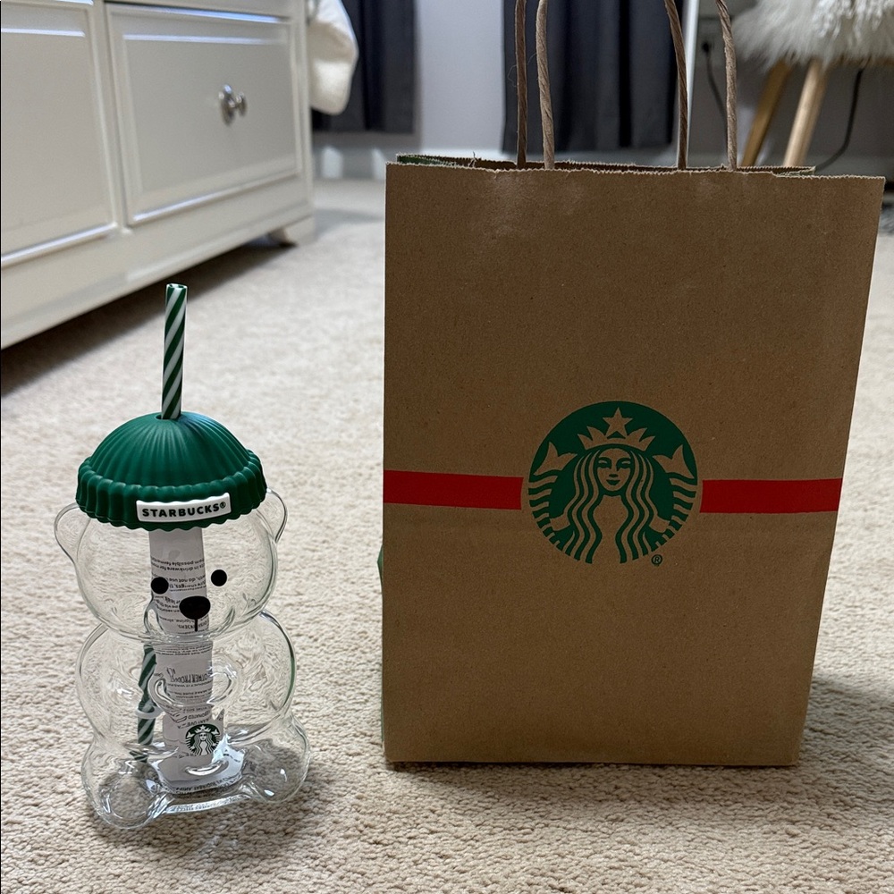 2025 Bearista Starbucks Green and Clear Glass Bear Tumbler with Straw